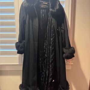 Elegant Black Fur-Trimmed Trench Coat